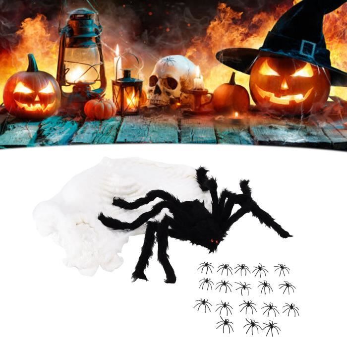 Décoration d'Halloween - Énorme araignée en peluche noire de 150 cm + 60 g de toile d'araignée extensible et 10 fausses araignées - Accessoires pour intérieur, extérieur, cour, décoration de fête