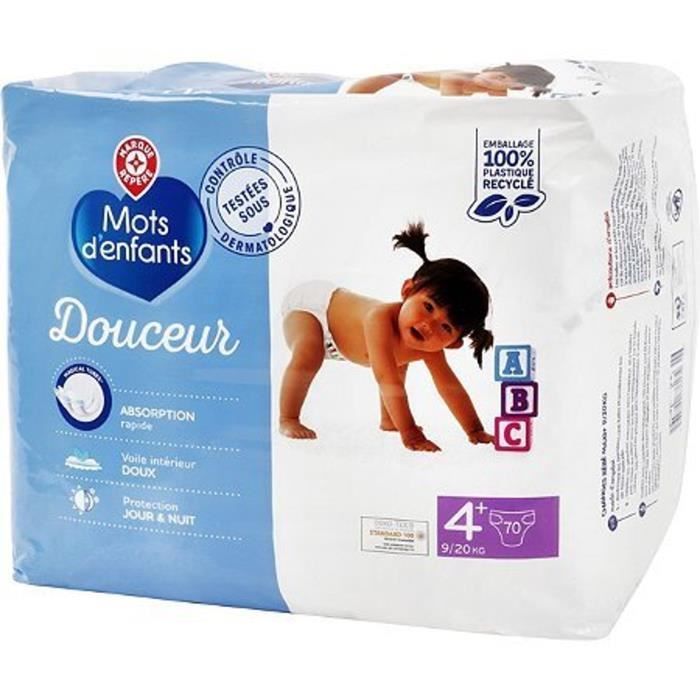 Couches bébé Mots d'Enfants T4+ Douceur - 9/20kg - x70 changes