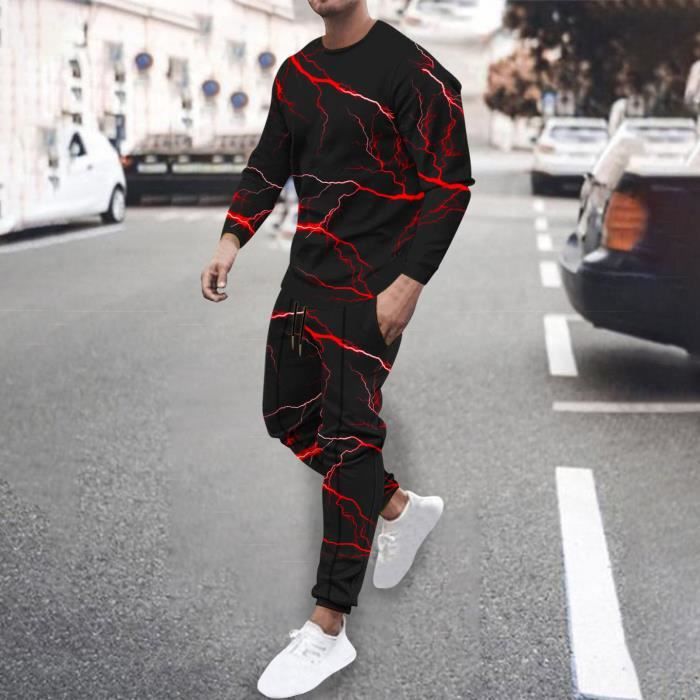 Ensemble Homme Sasaquoy Thunderbolt imprime col rond manches longues pantalon costume de sport decontracte a la mode Rouge Rouge Cdiscount Pret a Porter