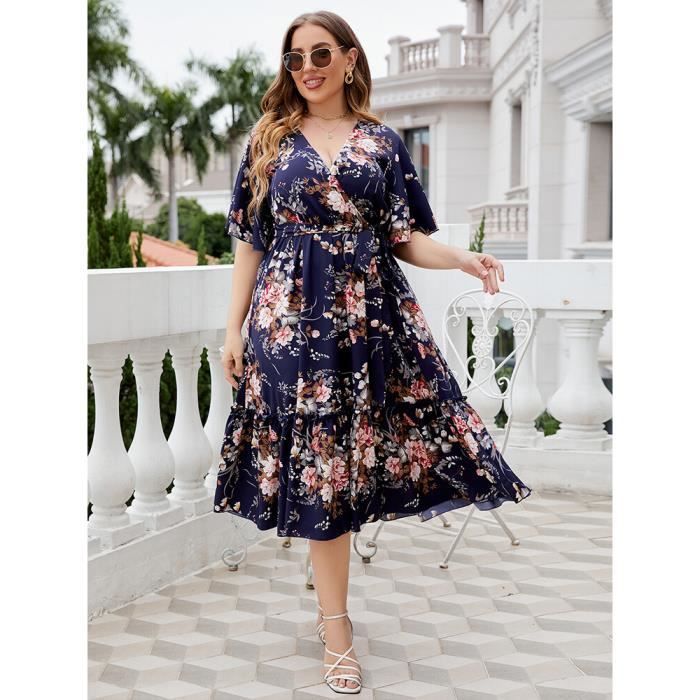 Robe Maxi Longue Élegante à Imprimé Vintage Boho Décolleté en V à Manches Courtes