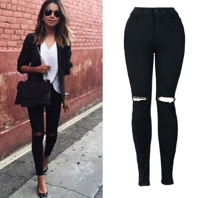 Pantalon slim femme cool déchiré genou coupe skinny jeans long pantalon M  ZLY60831788M_moll Noir - Cdiscount Prêt-à-Porter