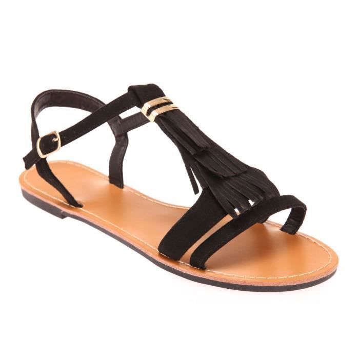 Sandales noires grande taille en suedine avec franges LA MODEUSE Femme Bride reglable Semelle plate Noir Cdiscount Chaussures