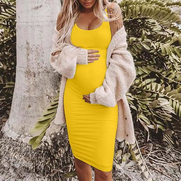 Robe d ete sans manches de maternite de couleur unie a col rond Jaune Jaune Cdiscount Pret a Porter
