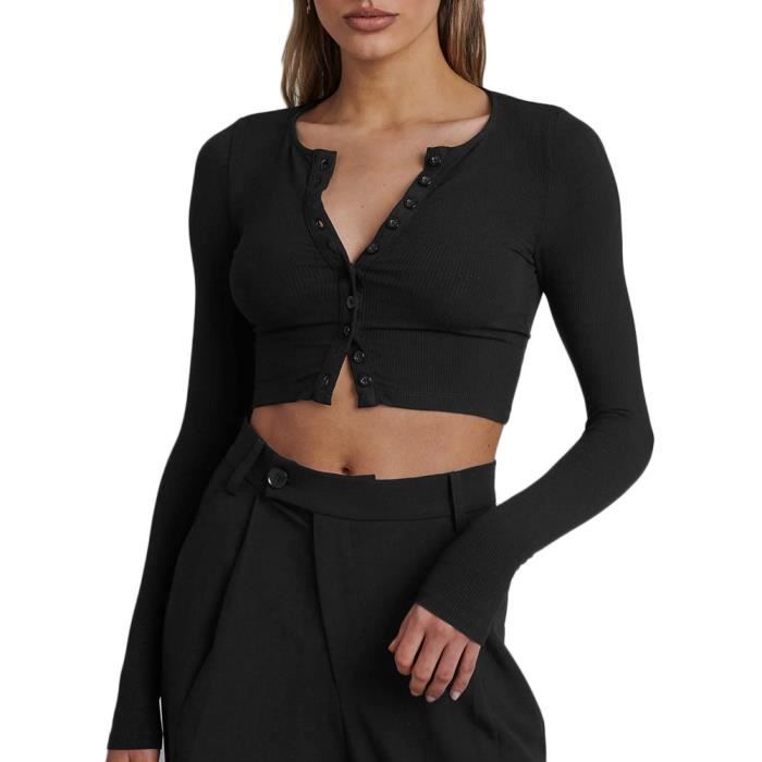 T Shirt Court a Manche Longue Femmes Crop Top Col V Haut Tricot a Boutons YOUCAI Slim Noir Tres Doux Esij021 Cdiscount Pret a Porter