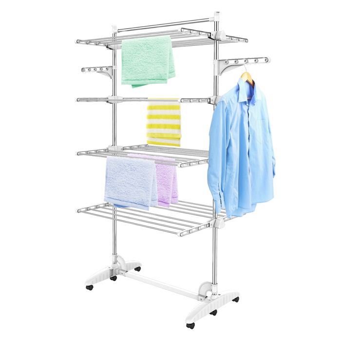 Etendoir à Linge Etendage à Linge 4 étagères Blanc avec ailes et barre supérieure Matériau: Tubes en acier inoxydable Etendoir à Linge Etendage à Linge 4 étagères Blanc avec ailes et barre supérieure Matériau: Tubes en acier inoxydable