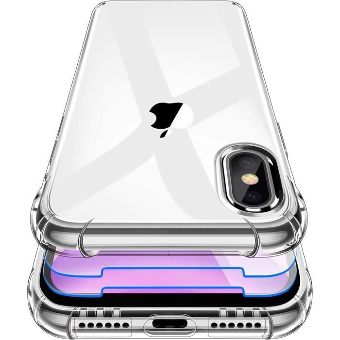 Coque iPhone X - iPhone Xs + 2 Verres Trempés Protection écran 9H Anti-Rayures Housse Silicone Antichoc Transparent