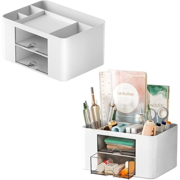 Organisateur De Bureau 5 Compartiments + 2 Tiroirs - Blanc - Plastique - Pour École Maison Bureau