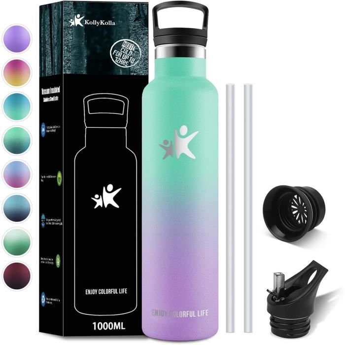 Gourde Isotherme BOTTLE BOTTLE Verdena 1L Avec Paille – Anti-fuite, Double Paroi, Acier Inoxydable, Sans BPA, Motif Rose Rouge