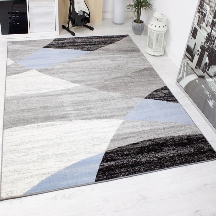 Tapis Design Modern Gris Blanc Noir Et Bleu 160x220 Cm