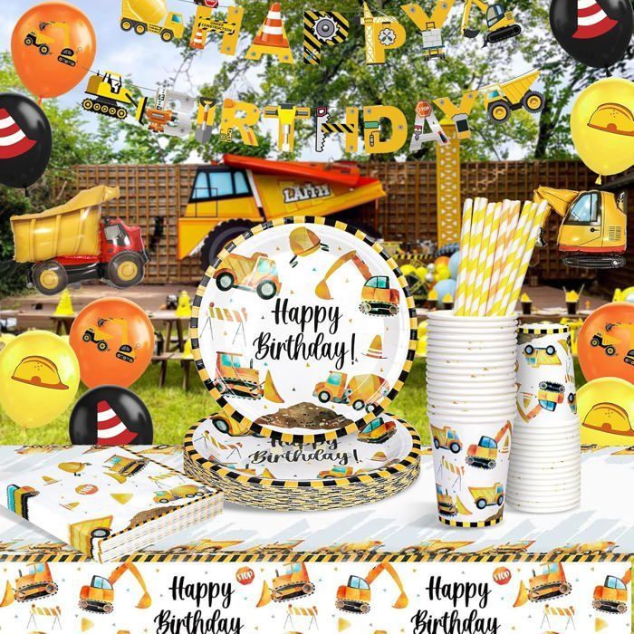 82 Pièces Vaisselle Jetable Chantier - Assiettes, Gobelets, Serviettes, Pailles Pour Anniversaire Enfant