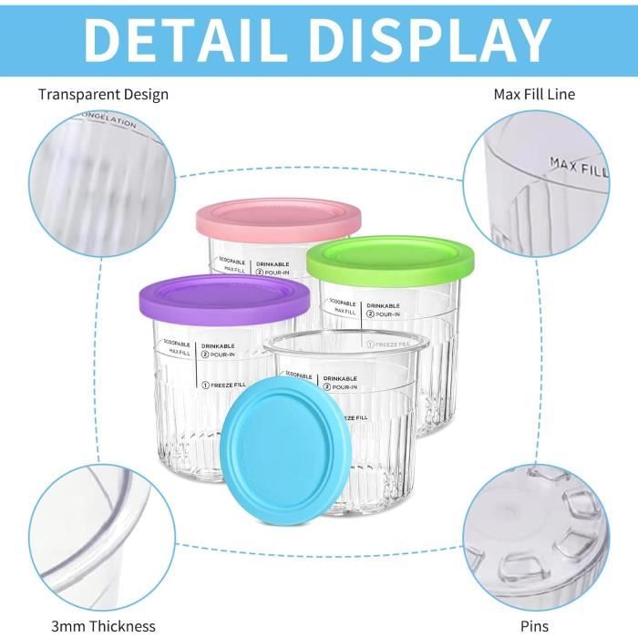 Lot De 4 Récipients à Glace Pour Ninja CREAMi Deluxe - Bacs En Verre Avec Couvercle, Compatibles NC501EU NC501 NC500, Lave-vaisselle