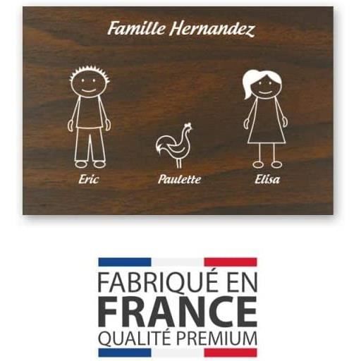 Plaque maison Family personnalisée avec 3 personnages pour boite aux lettres  (format 12x8 cm) - Couleur jaune / rouge