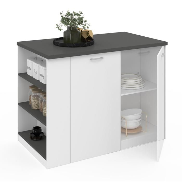Îlot Central TIBO 120cm - Bois Blanc Et Plan De Travail Gris Anthracite | Rangement Cuisine, Étagères