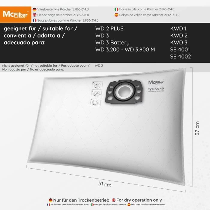 Mcfilter, 20 Sacs D'Aspirateur Compatibles Avec Aspirateur Kärcher Kfi 357, Wd 2 Plus, Wd 3 Serie, Kwd 1-3, Se 4001