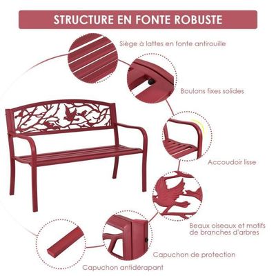 Banc De Jardin En Métal Pour 2-3 Personnes - 128x60x86 Cm - Charge 300 Kg - Dossier Et Accoudoirs - Coloris Rouge Ou Noir - 8