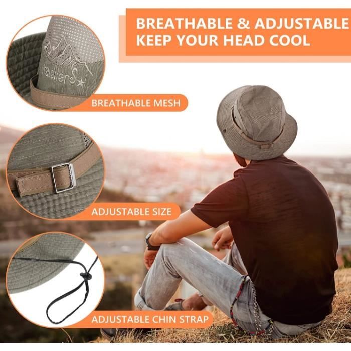 NAFING Chapeau De Soleil Homme Femme Large Bord Respirant Casquette Avec Sangle De Menton Réglable Anti UV Ete Bob Pliable Coton Chapeau Soleil Pour Pêche Plage Randonnée