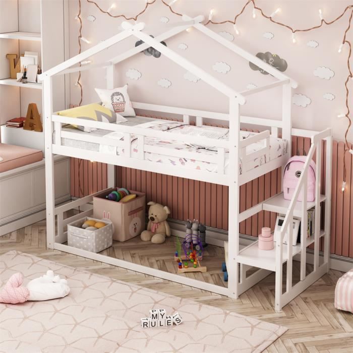 Lit Maison Mezzanine Pour Enfant Avec Escalier - 90x200 Cm, Barrières De Sécurité, Pin Et MDF - Blanc Et Gris