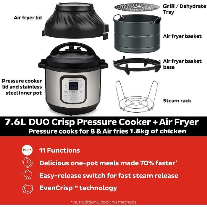Instant Pot DUO CRISP + Air Fryer 8L Multicuiseur 11 fonctions en 1 :  autocuiseur, poêle à frire, cuiseur vapeur, cuiseur lente - Cdiscount  Electroménager