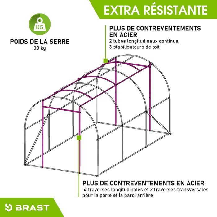 BRAST Serre Tunnel Jardin 6m² (3x2m) - Parois Enroulables, Tubes Acier Galvanisé, Film 175g/m² - Stable Et Aéré
