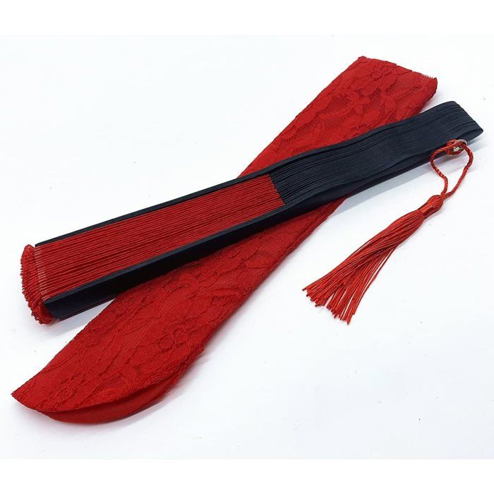 Éventail Pliant Japonais En Bambou Et Dentelle Rouge - 22 Cm - Pochette Incluse - Mariage, Fête