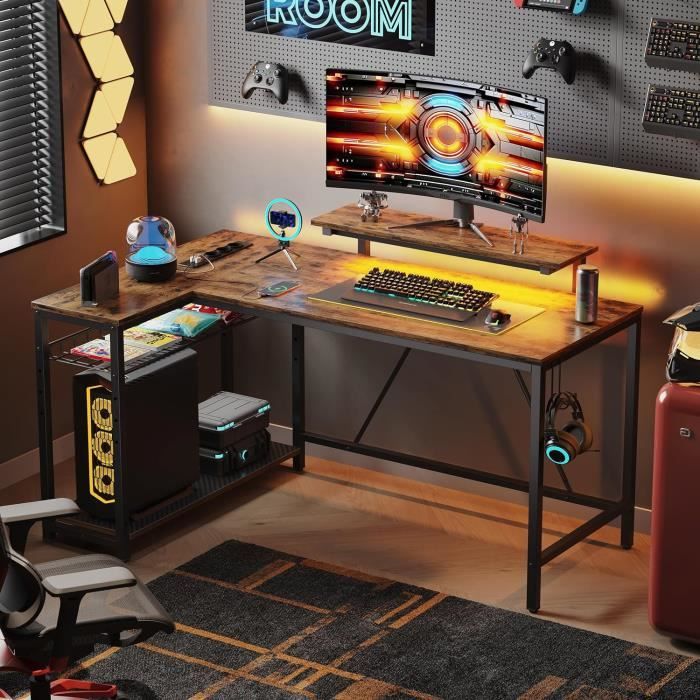 Bureau En L Réversible Bestier 132 Cm - Avec Prises, USB, LED RGB, étagères - Pour Gaming, Bureau à Domicile