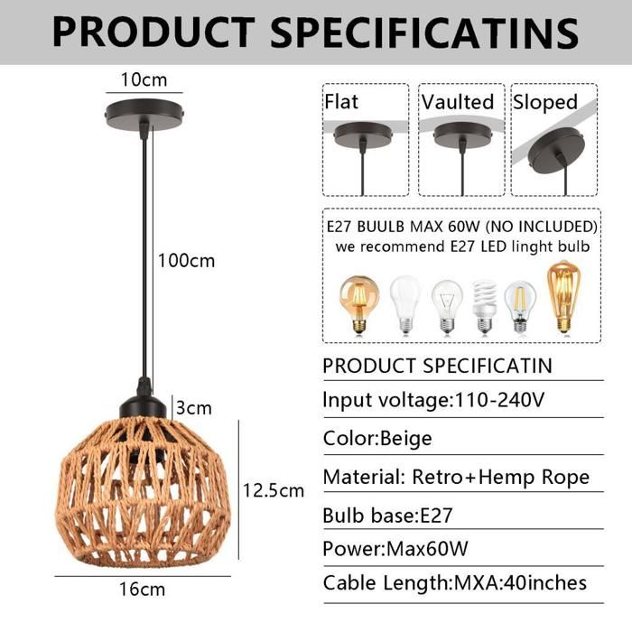 2 Luminaires Pendants Industriels - Corde Chanvre - Douille E27 - Style Rétro - Pour Cuisine, Bar