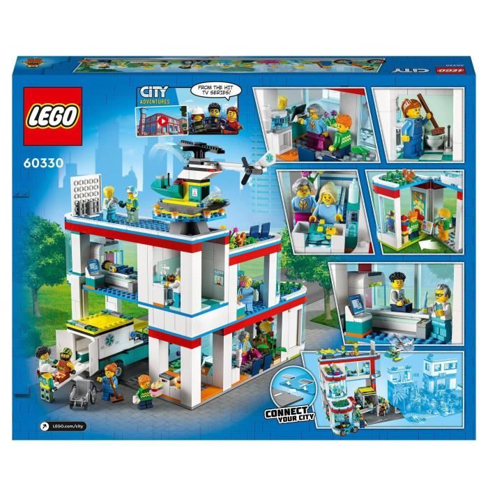 LEGO 60330 City L Hopital Jouet Camion d Ambulance et Helicoptere avec 12 Minifigurines Plaques de Route Enfants Des 7 Ans
