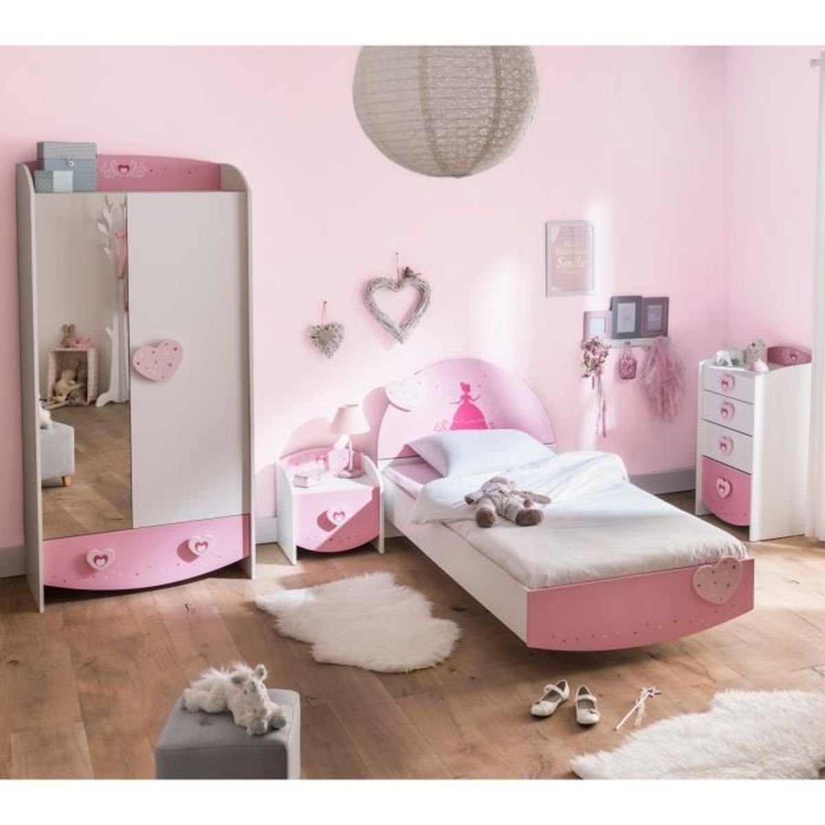 Chambre Enfant Feerie Rose Et Blanc Perle Cb125 90x190 Achat