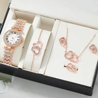 Ensemble 5 pcs Montre luxe femme parure Coeur Or Rose bijoux collier bracelet boucle d oreilles bague cadeau idéal