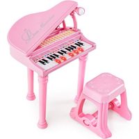 COSTWAY Piano à Queue Enfant 31 Touches avec Tabouret,Microphone,3 Mode d'Enseignement LED,MP3 4 Styles de Musique, 22 Morceaux Rose