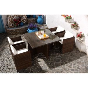 Ensemble table et chaise de jardin Salon de jardin encastrable - 4 personnes - MIAMI - Concept Usine - résine tressé poly rotin - contemporain - Marron/Blanc