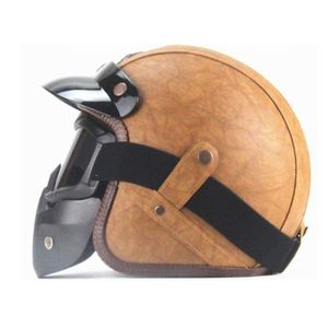 CASQUE MOTO SCOOTER Casque Moto  unisexe Harley vintage moto casque de personnality Casque Intégral pu cuir3 - 4Casque contient Masque,Marron/marron