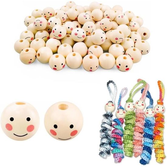 GZWY Lot De 100 Perles En Bois Avec Visage Souriant - Perles En Bois Naturel Avec Trou - Perles En Bois à Enfiler - Perles Rondes En Bois - Pour Bricolage, Décoration
