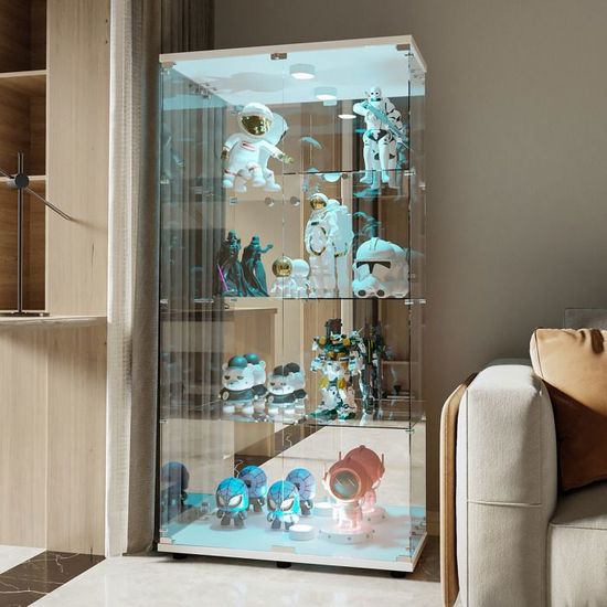 Vitrine En Verre , 3 U00c9tagu00e8res, Armoire De Rangement En Verre Sur Pied, Vitrine Led, Meuble Vitrine Verre Avec 1 Portes Et Serrure, Pour Chambre Et Salon, 36*42*125cm (Blanc-LED, 1 Porte, 3