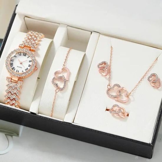 Coffret Cadeau Montre Femme Et Bijoux - Collier, Bague, Boucles D'oreilles, Bracelet, Mouvement Quartz