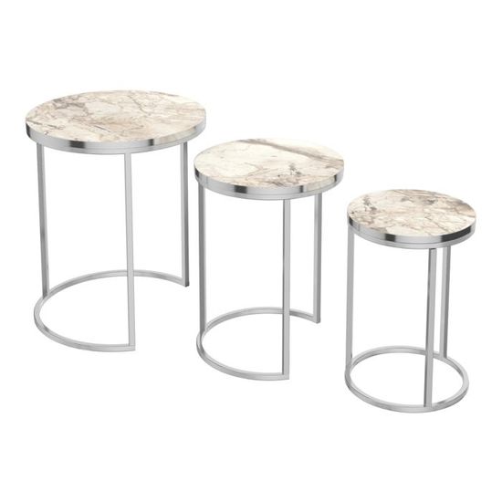Set De 3 Tables D'appoint Gigognes Rondes Marbre Noir – Pieds Métal Argent – Lot Tables Salon Gigognes [en.casa]