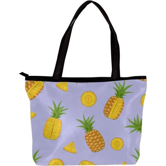 Sac Shopping En Toile Avec Ananas Pailleté - 35x42 Cm - Coton/polyester - Anses Longues 68 Cm - Unisexe - Coloris Kaki - 11
