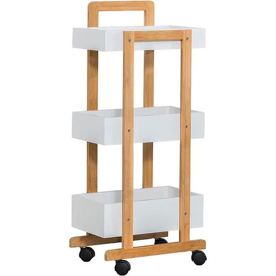 Desserte roulante de salle de bain 3 niveaux en Bambou et Bois Noir H 80 cm