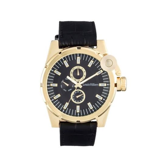 LOUIS VILLIERS Montre Quartz LVAG37331 Bracelet Cuir Homme Noir