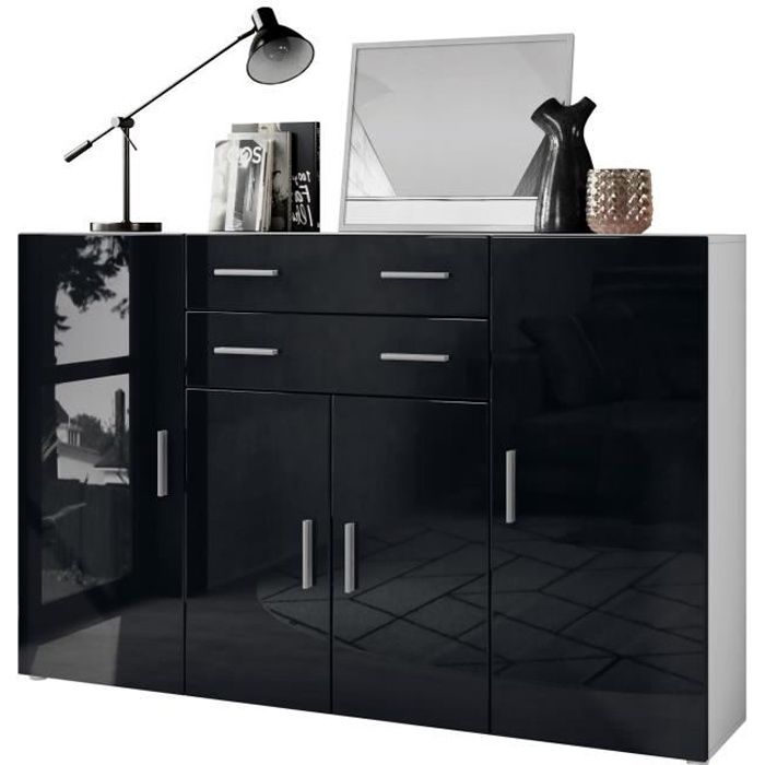 Buffet Dressoir Sylt V2 – 2 Portes, 4 Tiroirs – Corps Noir Mat, Façades Blanc Brillant, Décor Noir – 166 X 72 X 35 Cm