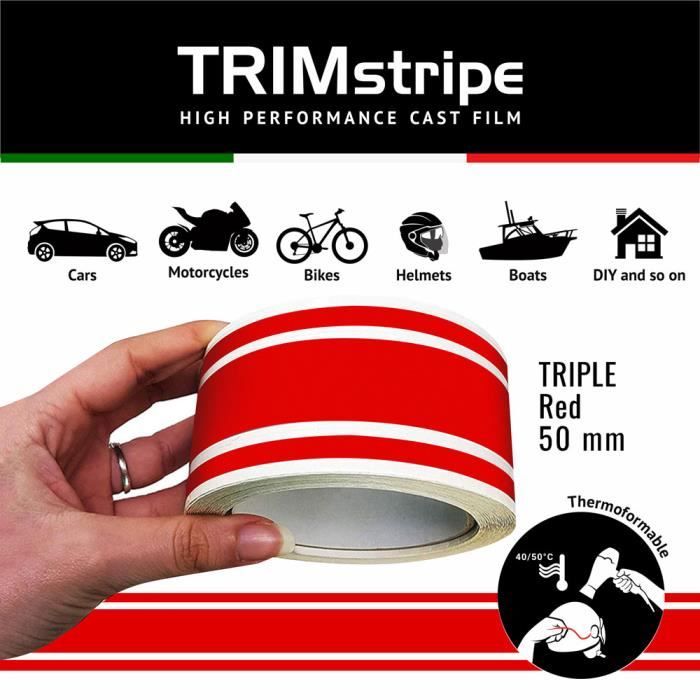 Trim Stripes Bandes Adhésives Triples pour Voitures, Rouge, 50 mm x 10 mt