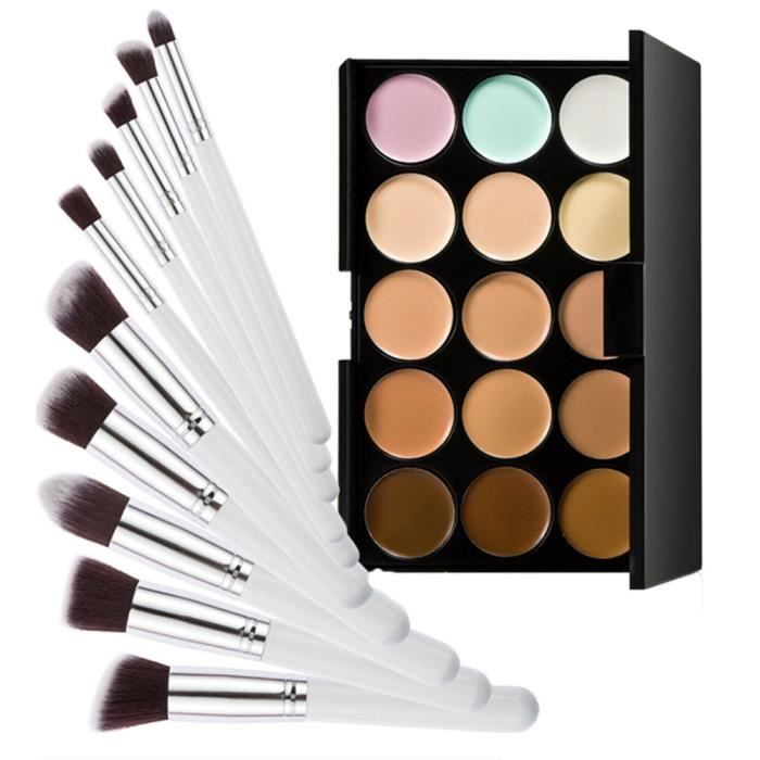 15 couleurs Contour Crème Maquillage Correcteur Palette + 10 pcs Brosse Blanc Argent @woke6489