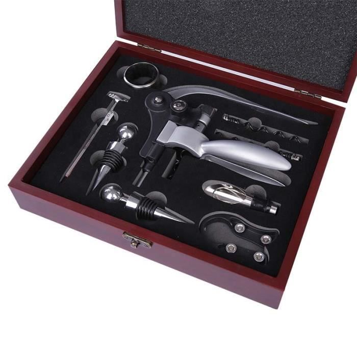 Antique Boîte en bois de vin Accessoires Ensemble cadeau,vin Tire-bouchon Bouchon à vin Aérateur et bec verseur Ensemble 9set