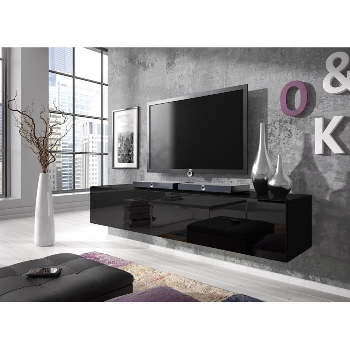 Meuble TV flottant Rocco 160 cm (corps mat Noir - portes Noir haute brillant)