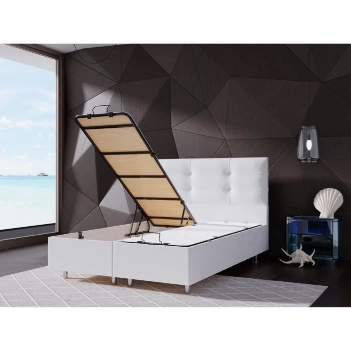 Lit CoffrePERLA BLANC 160x200 cm avec Sommier + Tete de lit Capitonne