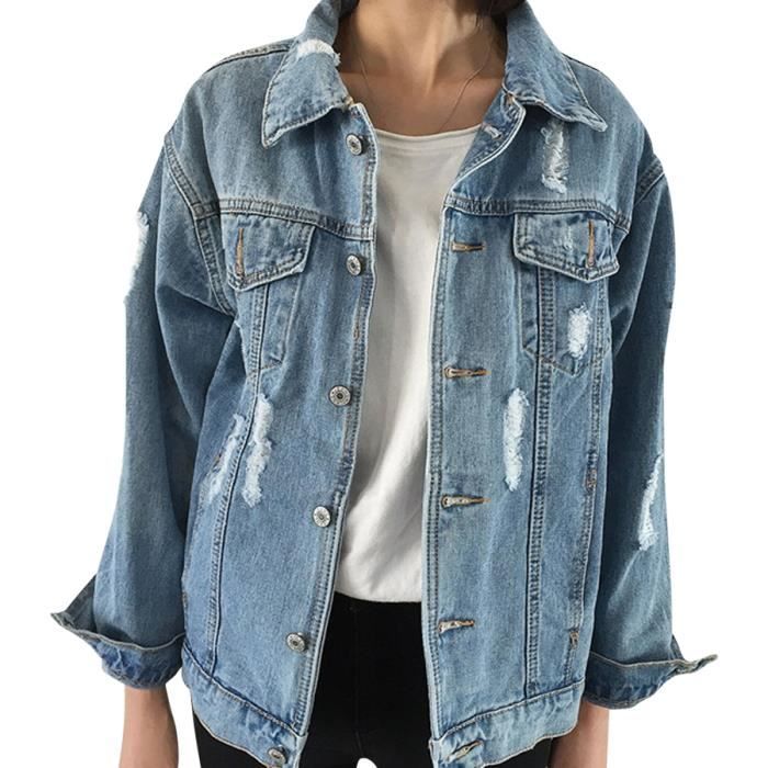 Veste en jean femme trou de décoration grande taille CASAQUE Vintage manches longues(S-L)-Bleu