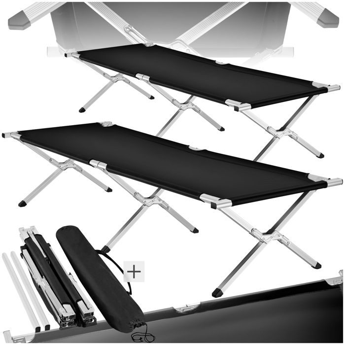 TECTAKE 2 Lits de camp 190 cm x 70 cm avec Housse de transport Noir