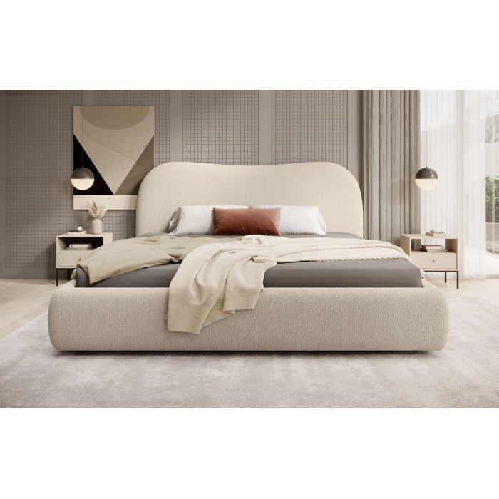 Lit coffre avec tête de lit - SIMSALO - 180x200cm - en bouclette beige