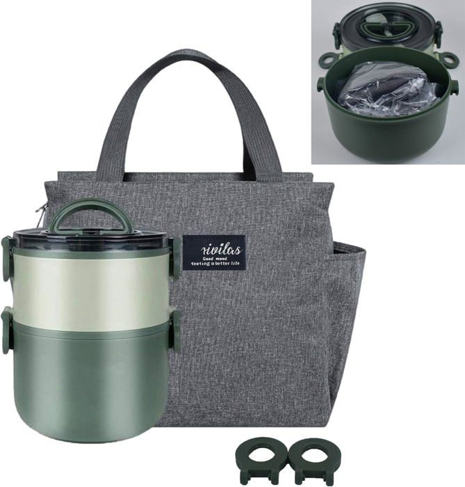 Boîte Bento 2 Étages 1600 Ml Sans Fuite + Sac Isotherme - Micro-ondable - Idéale Bureau & École