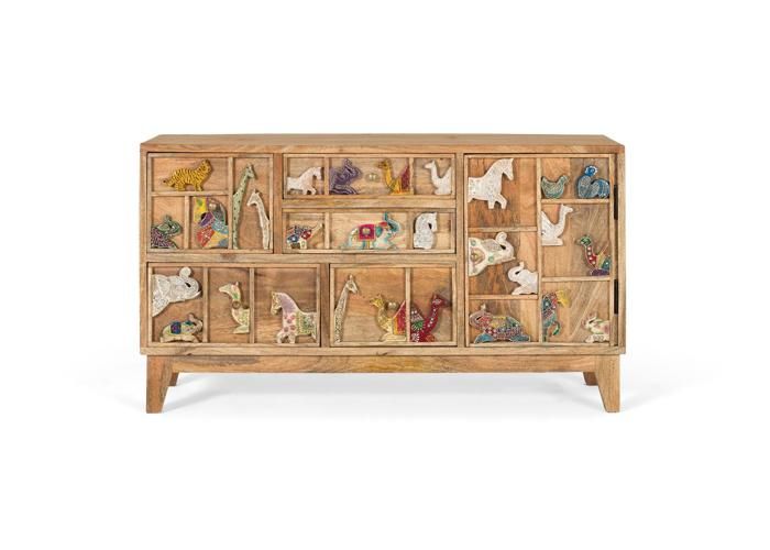 Commode de rangement - Mangoholz - 5 tiroirs - Sculptures animales - Peinture vive